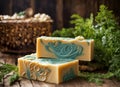 Beautiful and fragrant handmade soap on a wooden table. Body care