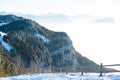 Beautiful french alps winter panoramic aerial view landscape with a fantastic blue haze cloudy mountain background Royalty Free Stock Photo