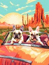 French Bulldogs riding in 1960 convertible Cadillac desert scenery Las Vegas Generative AI