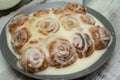 Beautiful fresh cinnamon rolls. The cooking process. Fresh fragrant pastries. Raw dough for buns.The process of making buns Royalty Free Stock Photo