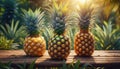 Beautiful sweet Pineapples on a wooden table in the garden