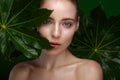 Beautiful fresh girl with perfect skin, natural make-up and green leaves. Beauty face. Royalty Free Stock Photo