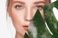 Beautiful fresh girl with perfect skin, natural make up and green leaves. Beauty face. Royalty Free Stock Photo