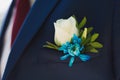 Beautiful fresh groom`s boutonniere of a white rose, blue chrysanthemum flower and green leaves in a pocket of a blue jacket. Royalty Free Stock Photo