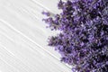 Beautiful fresh lavender bouquet on wooden table, closeup. Space for text Royalty Free Stock Photo