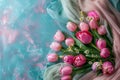 Beautiful Fresh Pink Tulips Arranged on a Pastel Fabric Background with a Dreamy Aqua Tone Effect Floral Art Composition for Royalty Free Stock Photo