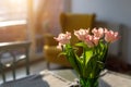 Beautiful fresh pink tulips bouquet in green glass vase on table in warm sunset sun lights against balcony window in Royalty Free Stock Photo