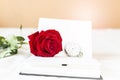 Beautiful fresh red rose with blurred vintage watch on white blank notebook with space on orange wall background Royalty Free Stock Photo