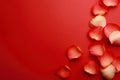 Beautiful fresh rose petals on red background, flat lay. Space for text Royalty Free Stock Photo