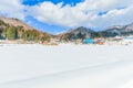 Beautiful fresh snow in winter around the mountains with blue sky background, Nagano, Japan. Royalty Free Stock Photo