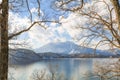 Beautiful fresh snow in winter around the mountains Lake ,and tree with blue sky background, Nagano , Japan Royalty Free Stock Photo