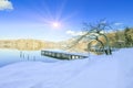 Beautiful fresh snow in winter around the mountains Lake ,and tree with sunrise and blue sky background, Nagano Prefecture, J Royalty Free Stock Photo