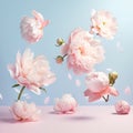 Beautiful fresh spring flowers levitating Sping, summer, floral background. Ai generated. Illustration