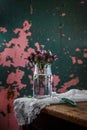 Beautiful fresh summer still life with a bouquet of wildflowers in a glass jar. Still life in a rustic style against a dark Royalty Free Stock Photo