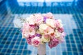 Beautiful fresh wedding bunch of pink lilac purple white and violet chrysanthemum rose and peony flowers in hand Royalty Free Stock Photo