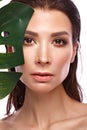 Beautiful fresh woman with perfect skin, natural make up and green leaves. Beauty face. Royalty Free Stock Photo