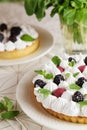 Beautiful freshly made berry meringue tart decorated with mint leaves on plate. Stunning Blackberry meringue pie still life