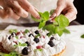 Beautiful freshly made berry meringue tart on plate. Stunning Blackberry meringue pie still life composition. Food photo. Process