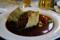 beautiful fried Swabian ravioli call maultaschen in the delicious brown sauce (Bavaria, Germany)