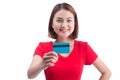 Beautiful friendly smiling asian girl showing credit card in han Royalty Free Stock Photo