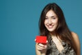 Beautiful friendly smiling confident girl showing red card in ha Royalty Free Stock Photo