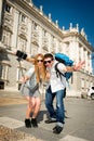 Beautiful friends tourist couple visiting Spain in holidays students exchange taking selfie picture Royalty Free Stock Photo