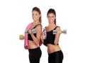 Beautiful friends training lifting weights