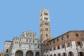 The beautiful frontage of Cathedral of San Martin with its tall bell tower, Lucca, Italy
