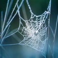 A beautiful frosted spider web in an early spring morning. Cold morning scenery in a meadow. Ice on spider web. Royalty Free Stock Photo