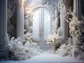 beautiful frozen Garden background for photo manipulation , empty , white flowers , big windows, in the middle room for copy , Royalty Free Stock Photo