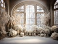 beautiful frozen Garden background for photo manipulation , empty , white flowers , big windows, in the middle room for copy , Royalty Free Stock Photo