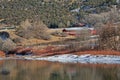 Beautiful frozen lake, snow, barn