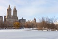 Beautiful Frozen Lake with Snow at Central Park in New York City during Winter with the Upper West Side Skyline Royalty Free Stock Photo