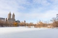 Beautiful Frozen Lake with Snow at Central Park in New York City during Winter with the Upper West Side Skyline Royalty Free Stock Photo