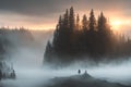 Beautiful frozen northern landscape with lonely person silhouette at sunset during bliszard, AI generated Royalty Free Stock Photo