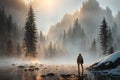 Beautiful frozen northern landscape with lonely person silhouette at sunset during bliszard, AI generated Royalty Free Stock Photo