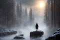 Beautiful frozen northern landscape with lonely person silhouette at sunset during bliszard, AI generated Royalty Free Stock Photo