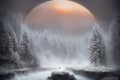 Beautiful frozen northern landscape with lonely person silhouette at sunset during bliszard, AI generated Royalty Free Stock Photo