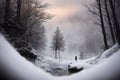 Beautiful frozen northern landscape with lonely person silhouette at sunset during bliszard, AI generated Royalty Free Stock Photo