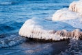 A beautiful frozen salt water on the beach of Baltic sea. Ice formations in winter.