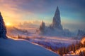 Beautiful frozen winter landscape with blizzard fog at sunset, AI generated