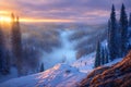 Beautiful frozen winter landscape with blizzard fog at sunset, AI generated