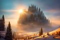 Beautiful frozen winter landscape with blizzard fog at sunset, AI generated