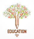 Beautiful fruit apple tree with pencil combined into a symbol, education concept vector linear style logo or icon. The seeds and