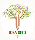 Beautiful fruit apple tree with pencil combined into a symbol, Idea seed concept vector classic style logo or icon. Strong