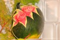 Watermelon fruit carving. Close up roses watermelon flower.