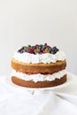 Beautiful, fruit naked cake over a white wall