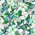 Beautiful fruit tree twigs in bloom. White and green flowers with outlines on white background. Seamless spring floral pattern.