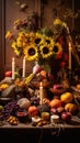 Beautiful fruits and flowers, burning candles on traditional Mabon home altar, vertical image