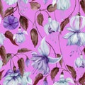 Beautiful fuchsia flowers on climbing twigs on bright pink background. Seamless floral pattern. Watercolor painting.
